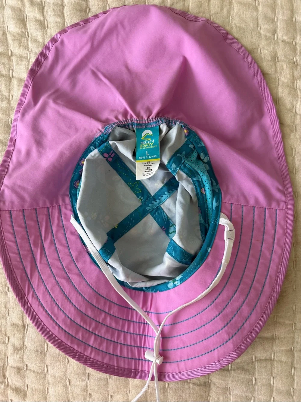 Sunday Afternoons Kids Play Hat Teal Floral Hummingbird with Purple Trim Large